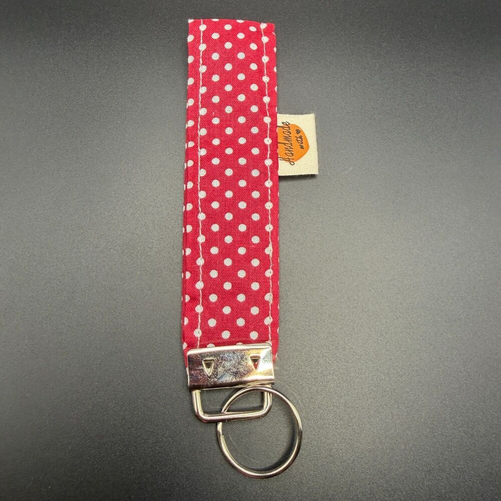 Handmade Red Polka Dot Fabric Wristlet Keychain Key Fob Keyring
